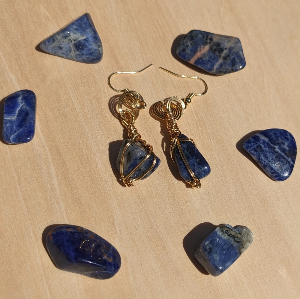 Sodalite Crystals Earrings Gold Hoops Wire Wrapped Handmade Crystals Gemstone - Picture 7 of 16
